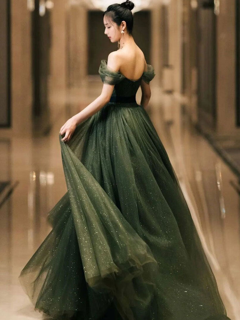 Simple green tulle long prom dress, green tulle evening dress