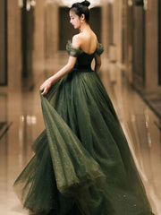 Simple green tulle long prom dress, green tulle evening dress