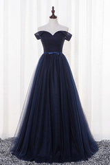 Beautiful Navy Blue Tulle Long Party Dress, Simple Off Shoulder Blue Bridesmaid Dress