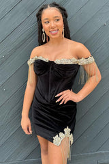 Royal Blue Velvet Off-the-Shoulder Cocktail Dress with Tassel