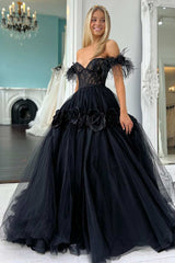 Lace Feather Off-the-Shoulder A-Line Long Prom Dress with 3D Floral Lace