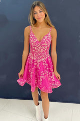 Fuchsia Floral Lace V-Neck Backless Short Gown