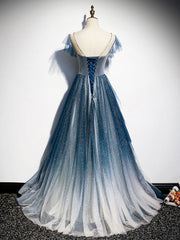 Blue tulle long prom dress, blue beads long evening dress