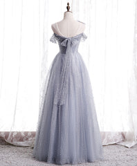 Gray one shoulder tulle long prom dress gray tulle evening dress