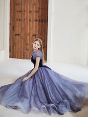 Purple tulle long prom dress, purple A line evening dress