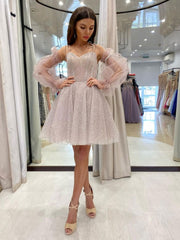 Cute sweetheart neck tulle sequin short prom dress, sequin cocktail dress