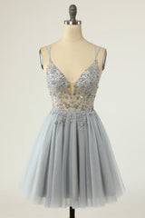 Yellow Tulle Plunge V A-Line Beaded Short Cocktail Dress