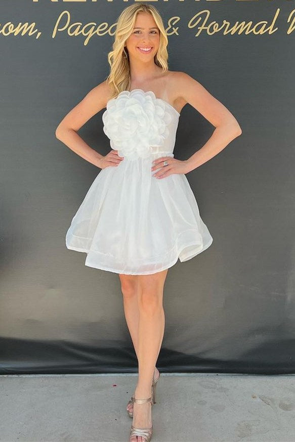 White Strapless A-Line Cocktail Dress with Flower