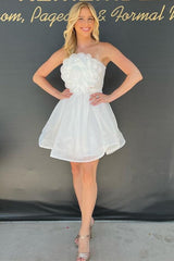 White Strapless A-Line Cocktail Dress with Flower