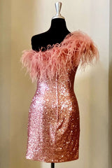 Pink Sequin Feather One-Shoulder Mini Dress