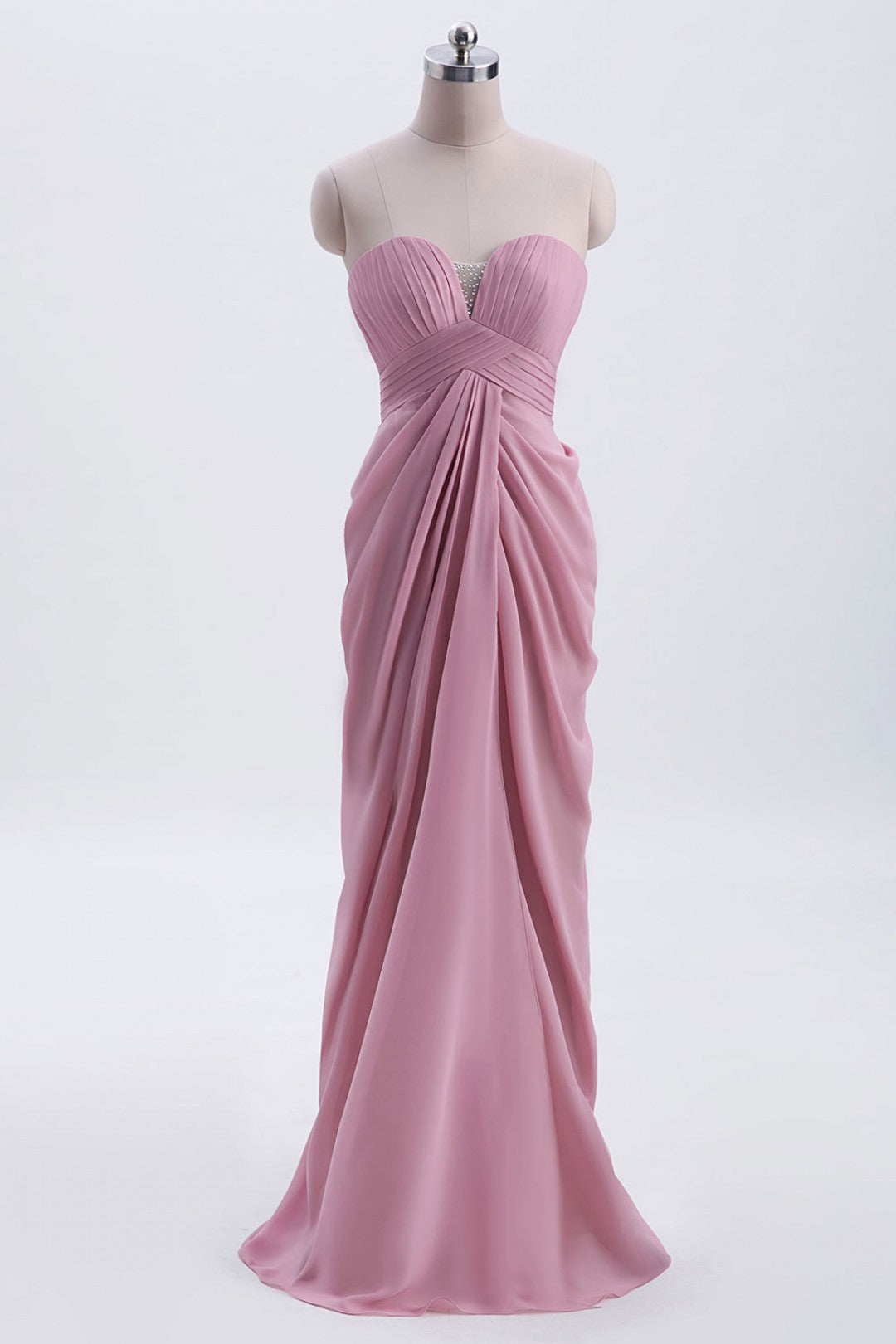 Strapless blush roze gedrapeerde hoge taille lange bruidsmeisje jurk