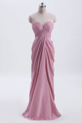 Strapless blush roze gedrapeerde hoge taille lange bruidsmeisje jurk