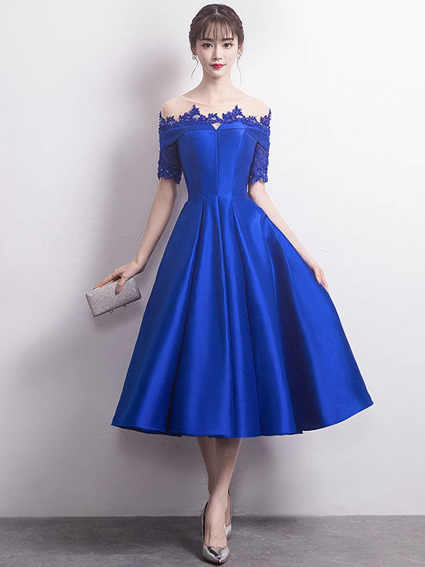 Blue lace satin prom dress, blue bridesmaid dress