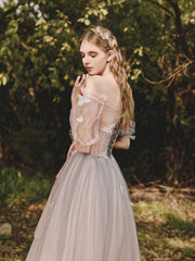 Champagne tulle lace long prom dress, champagne tulle formal dress