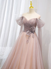 Pink tulle beads long prom dress, pink tulle formal dress