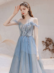 Blue tulle lace off shoulder long prom dress, blue evening dress