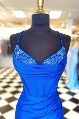 Blue Beaded Cowl Neck Lace-Up Short Cocktail Dress