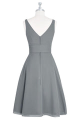 Grey V-Neck Tie-Front A-Line Short Bridesmaid Dress