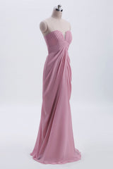 Strapless blush roze gedrapeerde hoge taille lange bruidsmeisje jurk