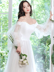 Simple white tulle long prom dress, white tulle formal dress