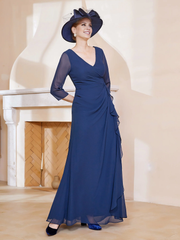 3/4 long sleeved V-neck pleated long mother of the bride dress