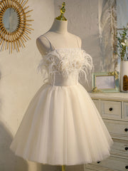 Beige tulle lace short prom dress, Beige homecoming dress