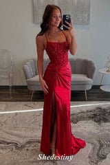 Luxury Sequin Red Mermaid Pleated Slit Prom Dress with Spaghetti Straps