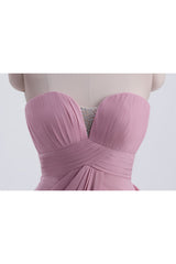 Strapless blush roze gedrapeerde hoge taille lange bruidsmeisje jurk