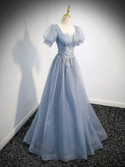 Gray blue tulle sequin long prom dress, gray blue evening dress