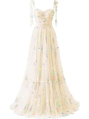 A-line Sleeves Straps Embroidery Tulle Prom Dress