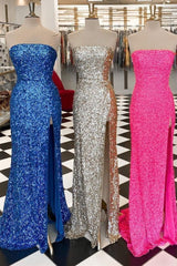Strapless Sequins Mermaid High Slit Sleeveless Long Formal Dress