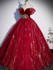 Burgundy sweetheart neck tulle sequin long prom dress, burgundy evening dress
