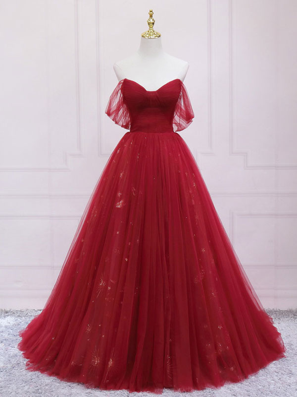 Burgundy sweetheart tulle long prom dress, burgundy evening dress
