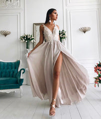Simple v neck lace chiffon long prom dress, evening dress