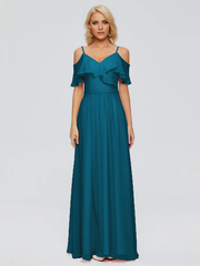 Thin shoulder strap ruffled chiffon and floor length bridesmaid dress