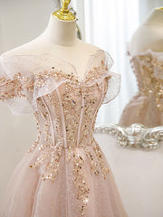 Champagne tulle lace off shoulder long prom dress, champagne evening dress