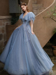 Blue v neck tulle long prom dress, blue tulle formal dress