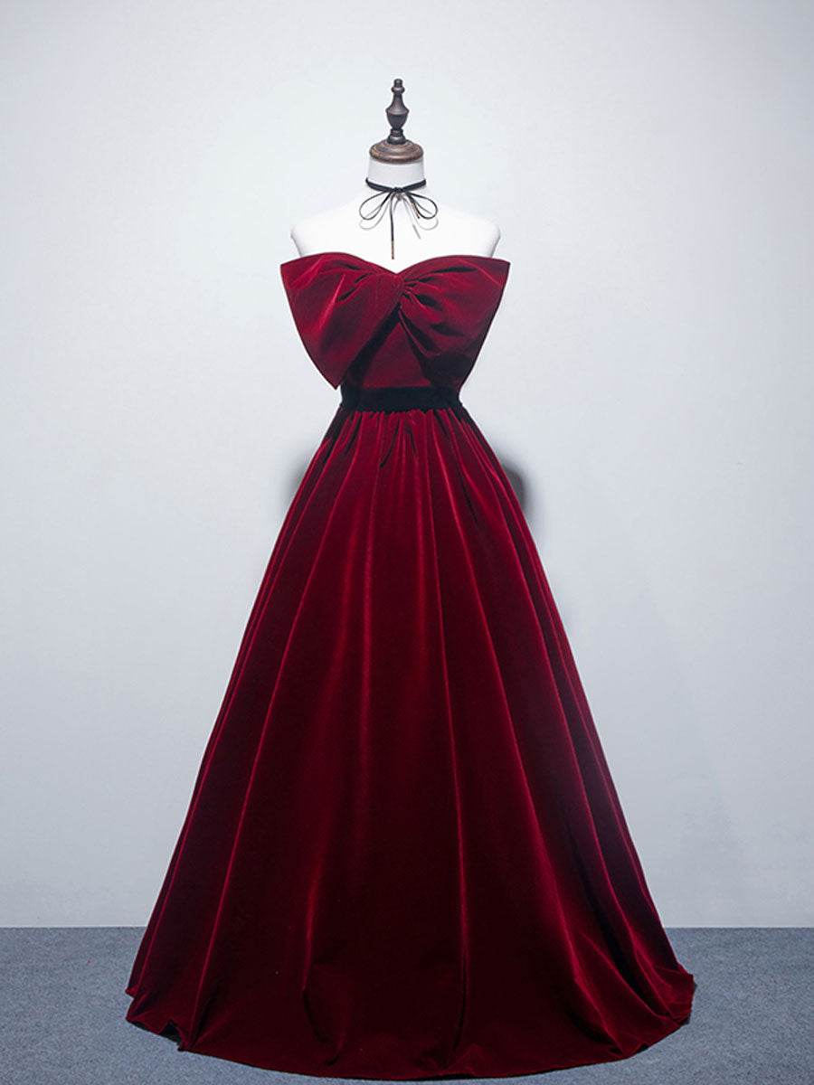 Velvet A line burgundy satin long prom dress, velvet bridesmaid dress
