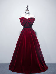 Velvet A line burgundy satin long prom dress, velvet bridesmaid dress