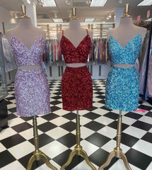 Two Piece Pool Blue Sequins Short Homecoming Dress