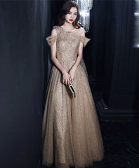 Champagne tulle one shoulder long prom dress tulle evening dress