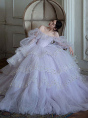 Light purple tulle long prom dress, purple tulle evening dress