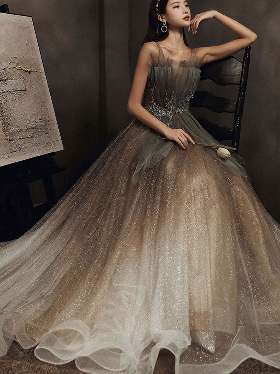 Elegant v neck tulle sequin long prom dress tulle formal dress