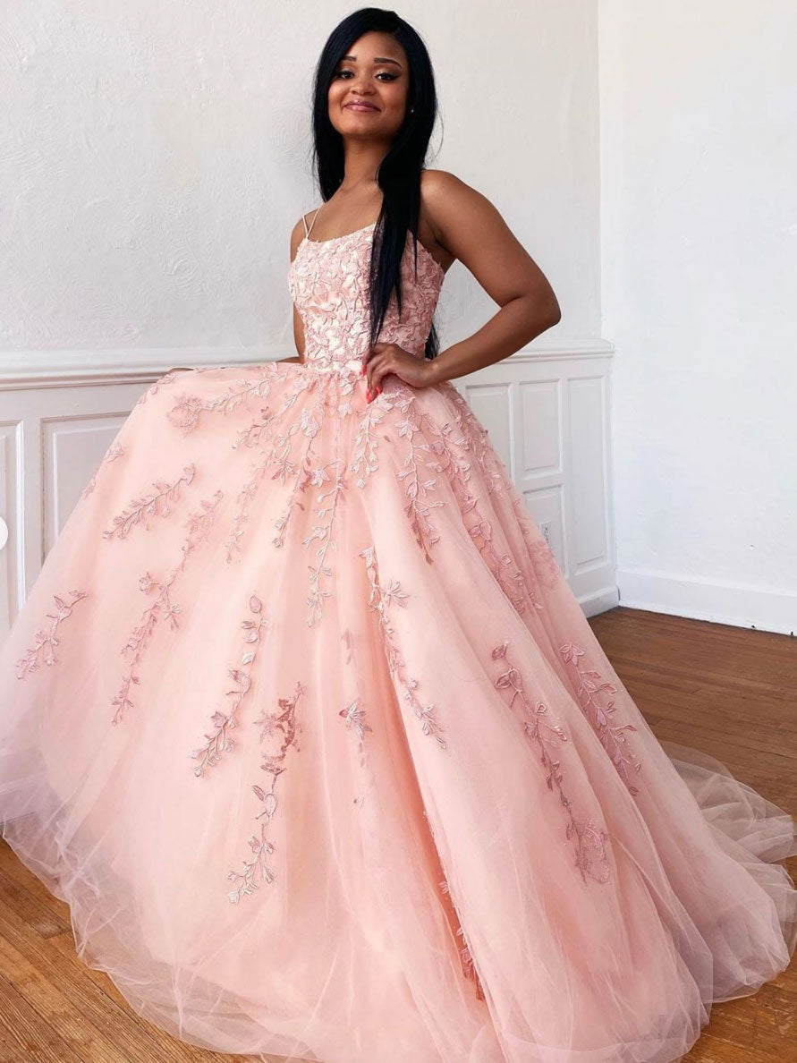Pink tulle lace long prom dress pink tulle formal dress