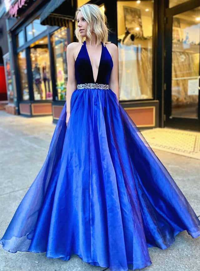 Beading Belt V-neck Backless A-Line Blue Organza Prom Dress