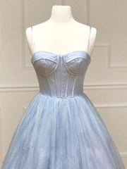 Shiny A-Line Tulle Blue Long Prom Dress, Blue Formal Evening Dresses