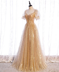 Gold tulle v neck long prom dress gold tulle formal dress