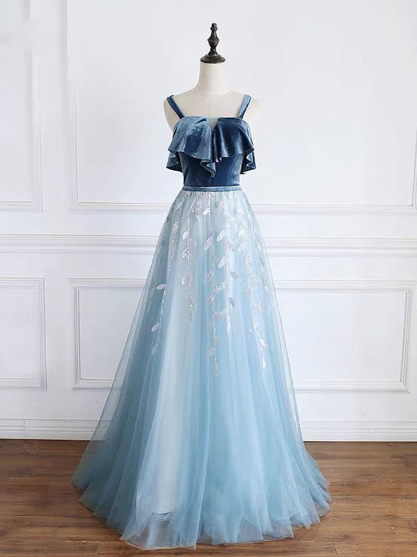 Blue tulle lace long prom dress, blue tulle long evening dress