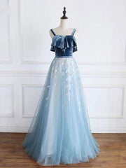 Blue tulle lace long prom dress, blue tulle long evening dress