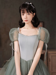 Green tulle long prom dress, green tulle formal dress